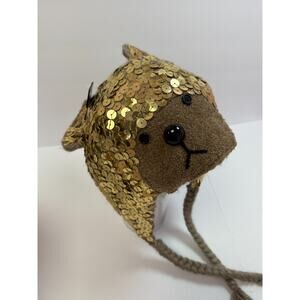 American Rag Bear Hat Gold Sequin Knit Beanie Winter Warm Ear Flap One Size